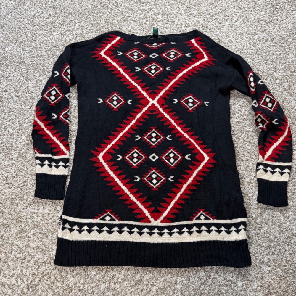 Lauren Ralph Lauren Sweater Medium Black Red Southwestern Geometric Cotton Knit